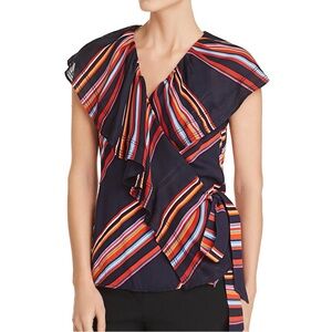 Tory Burch Amelia Navy Blue Multicolor Stripe Ruffled Wrap Blouse Top Sz 8